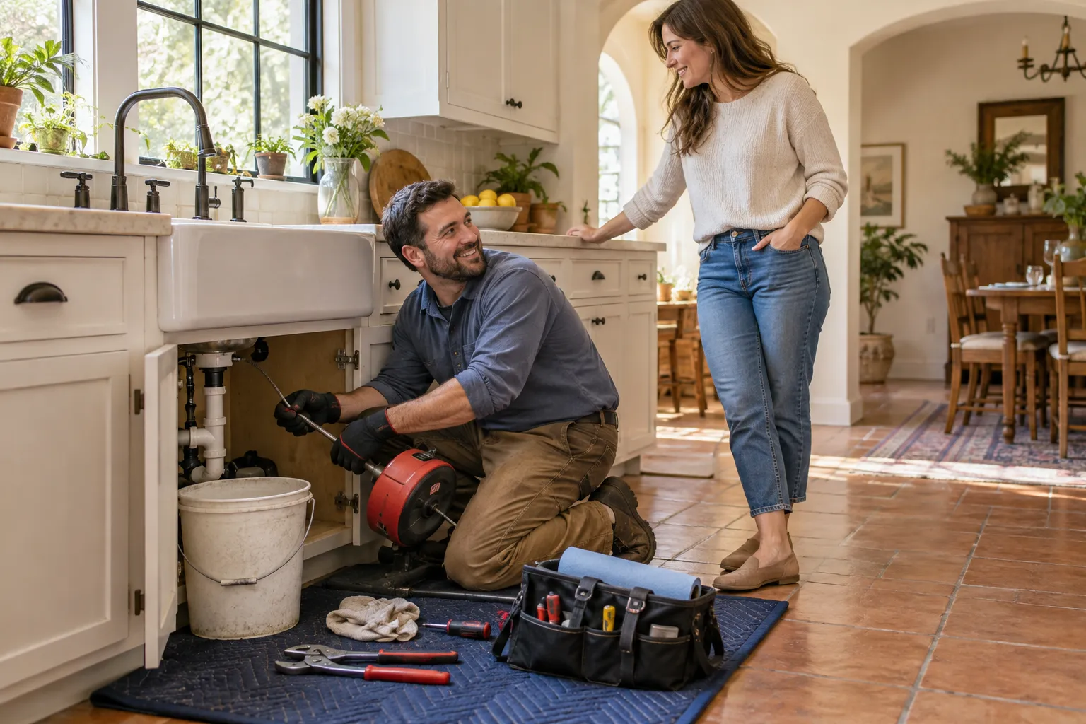 A friendly local provider kneeling beside a kitchen sink in a San Jacinto home, explaining a drain cleaning to a homeowner
